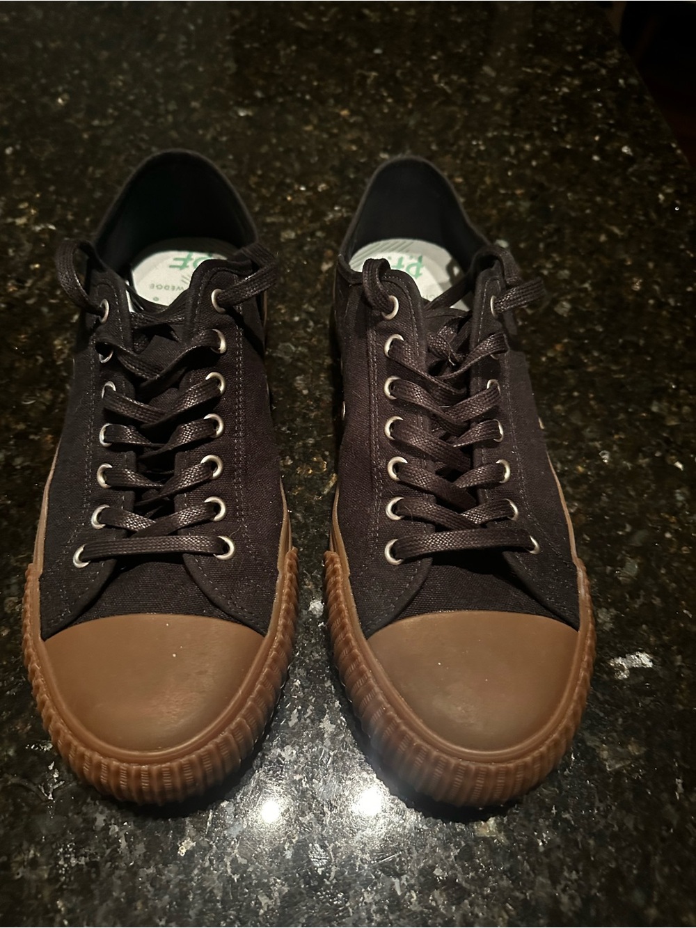 P.F. Flyers Black Canvas Low-Top Sneakers with Brown Rubber Toe & Sole